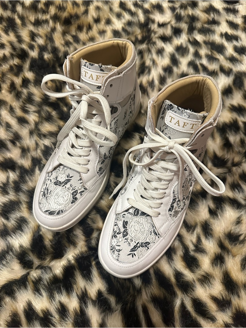 Taft White High-Top Sneakers with Black Floral Embroidery